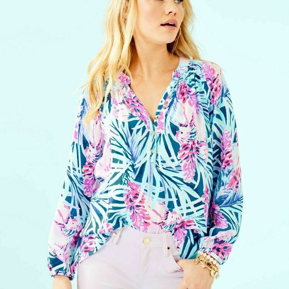 Lilly Pulitzer NWT Elsa Silk Top Mr Peacock Blue - Picture 1 of 6